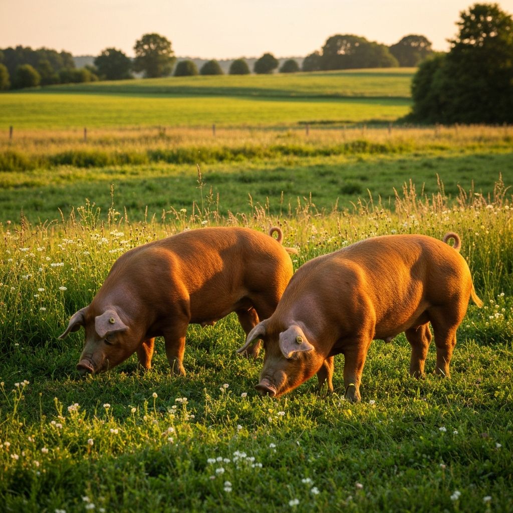 Duroc pigs grazing on a lush farm